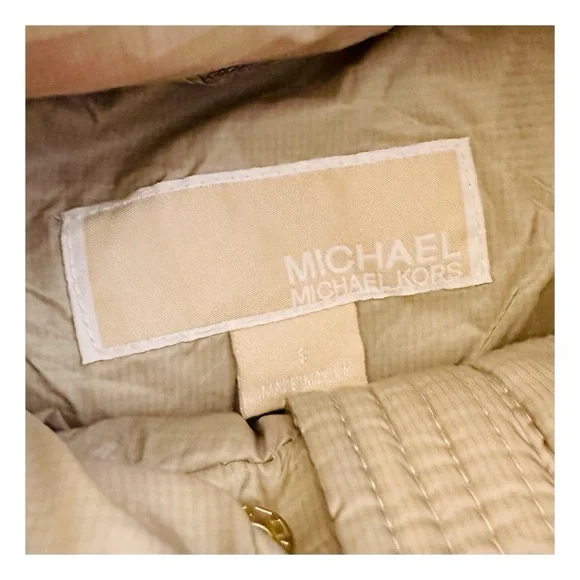 Michael Kors Faux Fur Trim Hooded Puffer Coat / Jacket Size Small Tan. - Picture 10 of 12